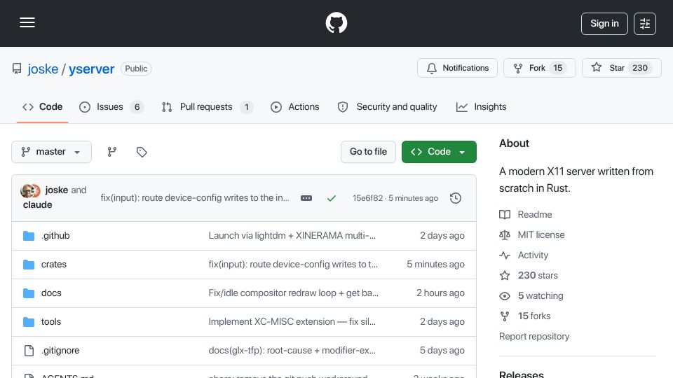 Screenshot of github.com: Yserver: A modern X11 server written in Rust