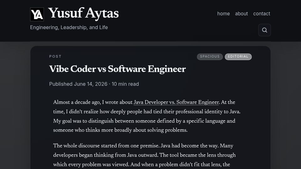 Screenshot of yusufaytas.com: Vibe Coder vs. Software Engineer