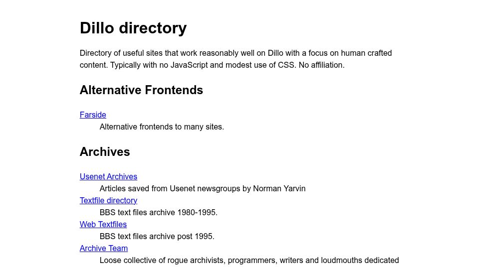Screenshot of dir.dillo-browser.org: Dillo directory – Directory of useful sites that work reasonably well on Dillo