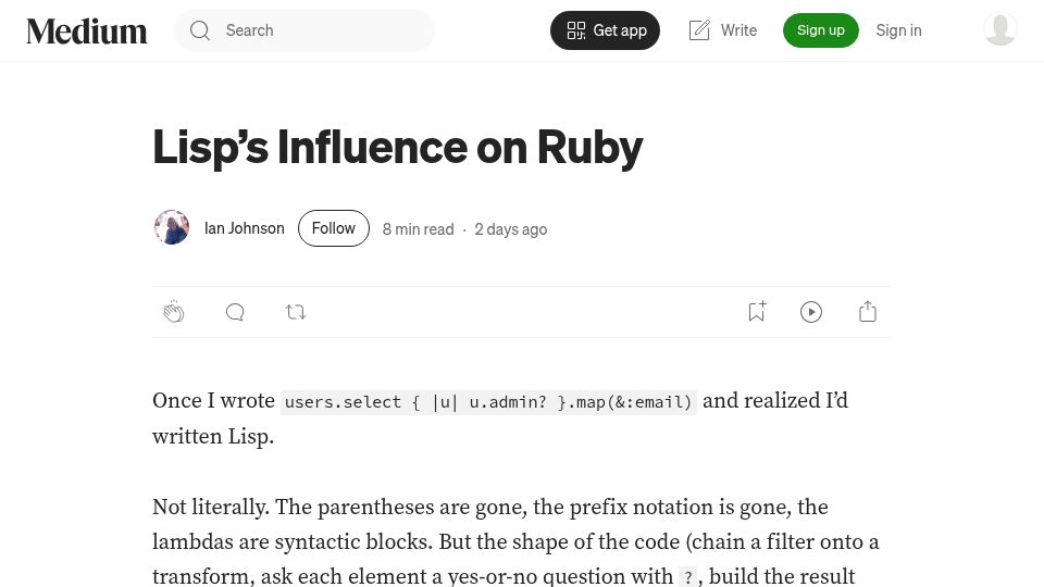 Screenshot of blog.tacoda.dev: Lisp's Influence on Ruby