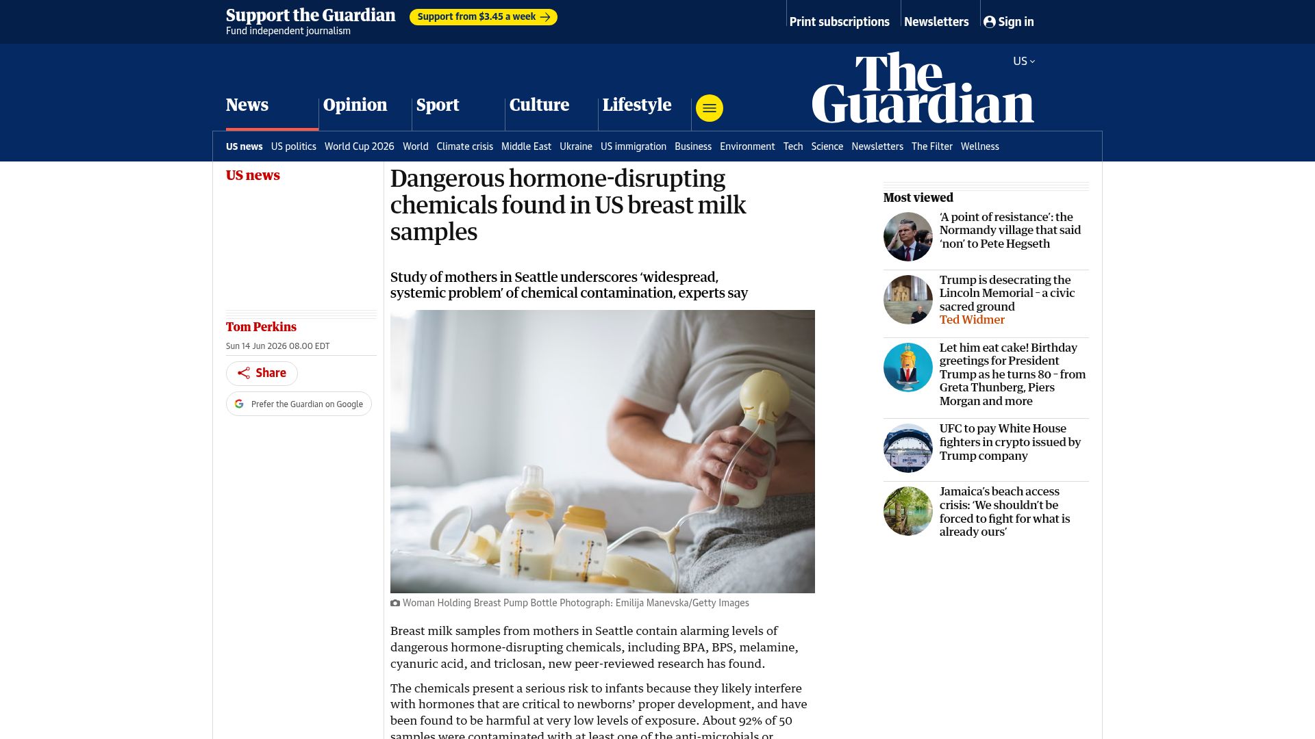Screenshot of theguardian.com: Dangerous hormone-disrupting chemicals found in US breast milk samples
