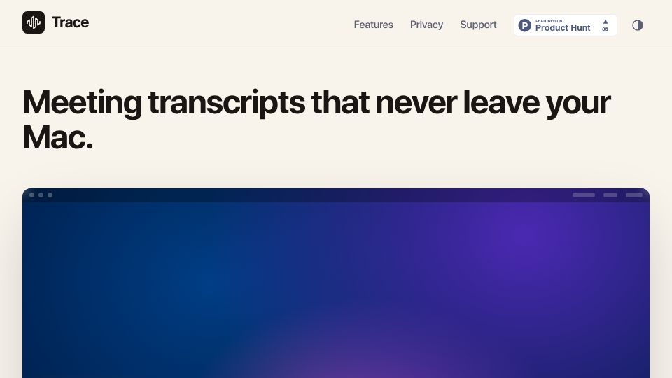 Screenshot of traceapp.info: Show HN: Trace – Offline Mac meeting transcripts you can flag mid-call