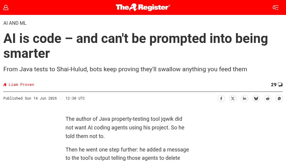 Screenshot of theregister.com: AI is code – and can't be prompted into being smarter