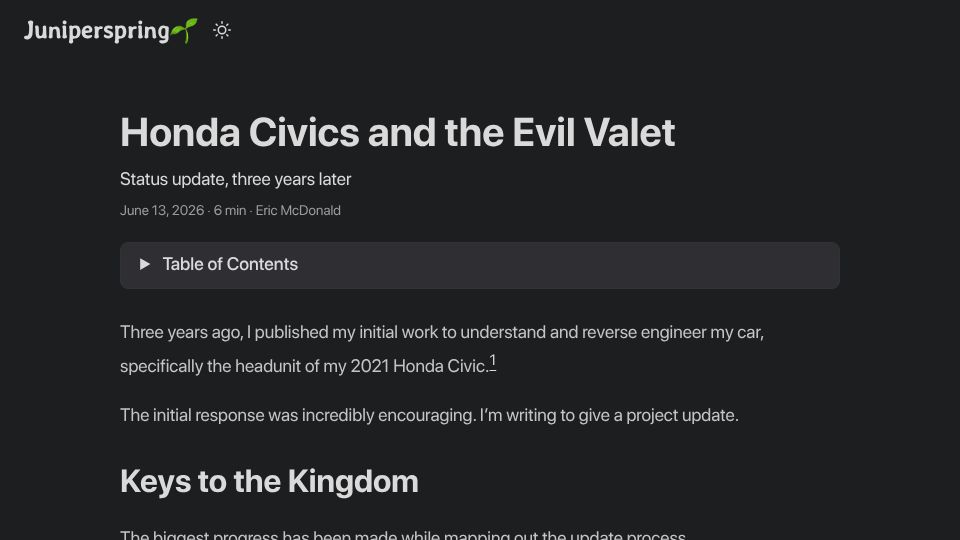 Screenshot of juniperspring.org: Honda Civics and the Evil Valet