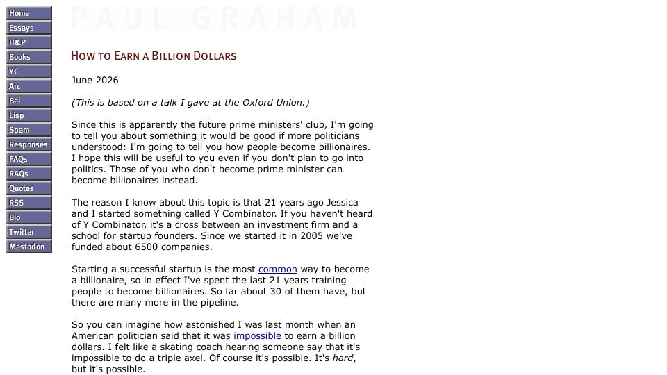 Screenshot of paulgraham.com: How to earn a billion dollars