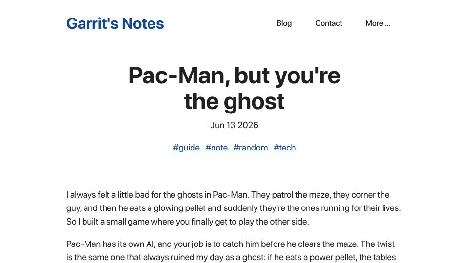 Screenshot of garrit.xyz: Pac-Man, but you're the ghost