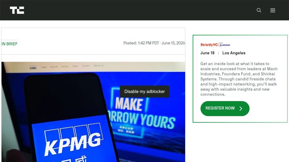 Screenshot of techcrunch.com: KPMG pulls report on AI usage due to apparent hallucinations