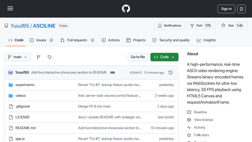 Screenshot of github.com: Asciline – real-time ASCII video rendering engine