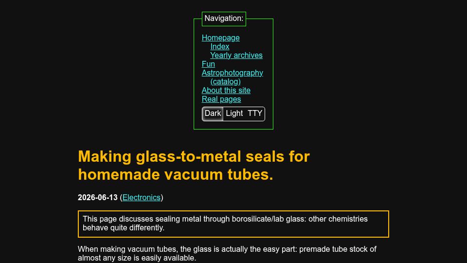 Screenshot of maurycyz.com: Making glass-to-metal seals for home­made vacuum tubes