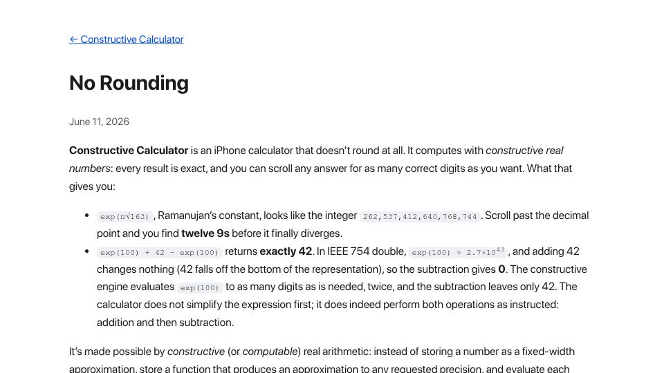 Screenshot of constructive-calculator.dimview.org: A calculator that doesn't round