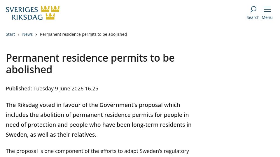 Screenshot of riksdagen.se: Swedish parliament abolishes permanent residence visas for migrants