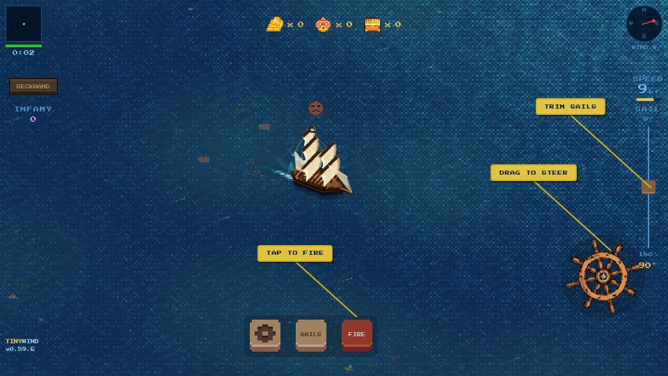 Screenshot of tinywind.io: TinyWind: A pixel pirate sailing game with real wind physics (380k+ kms sailed)
