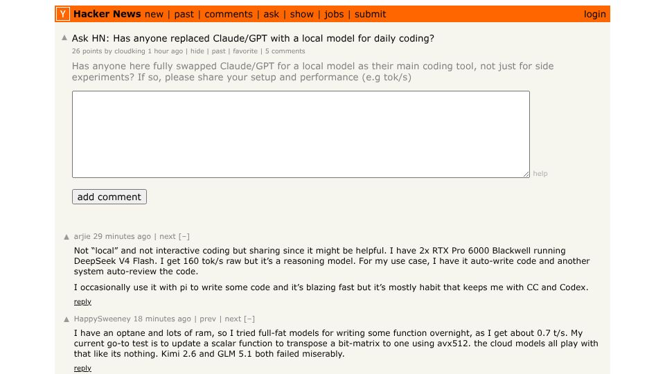 Screenshot of Hacker News post: Ask HN: Has anyone replaced Claude/GPT with a local model for daily coding?