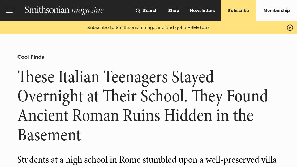 Screenshot of smithsonianmag.com: Teenagers Stayed Overnight at Their School and Found Hidden Ancient Roman Ruins