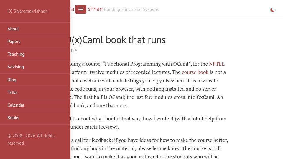 Screenshot of kcsrk.info: An O(x)Caml book that runs