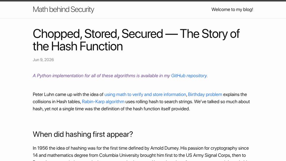 Screenshot of 0xkrt26.github.io: Chopped, Stored, Secured – The Story of the Hash Function
