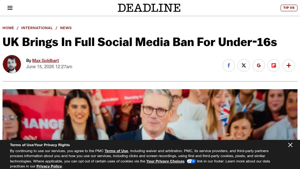 Screenshot of deadline.com: UK Brings in Full Social Media Ban for Under-16s