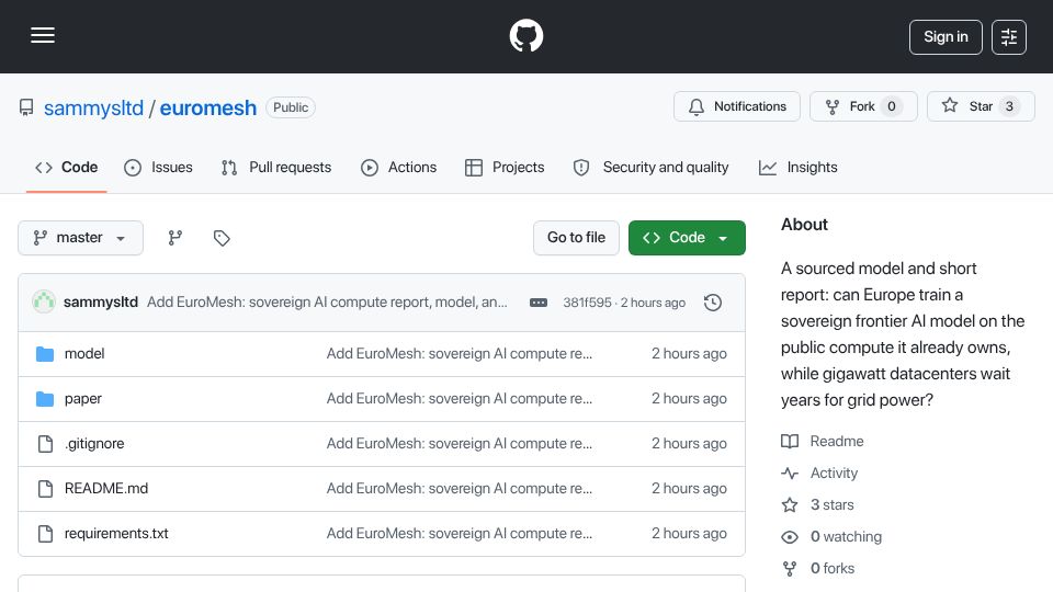Screenshot of github.com: Can Europe train a frontier AI model on the compute it owns?