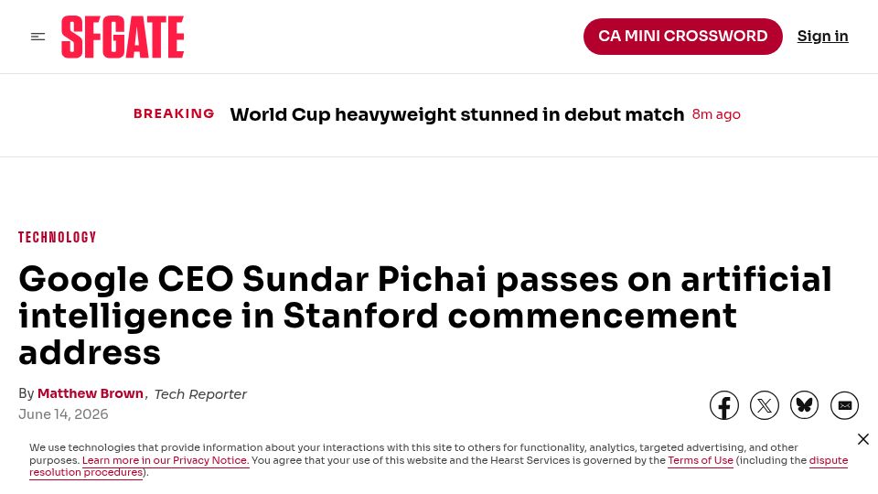 Screenshot of sfgate.com: Around 200 Stanford students walk out as Google CEO takes stage