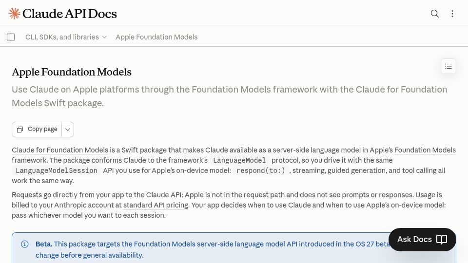 Screenshot of platform.claude.com: Apple Foundation Models