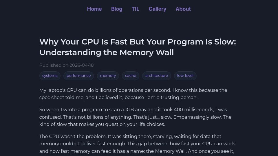 Screenshot of prawns.dev: Why Your CPU Is Fast but Your Program Is Slow: Understanding the Memory Wall
