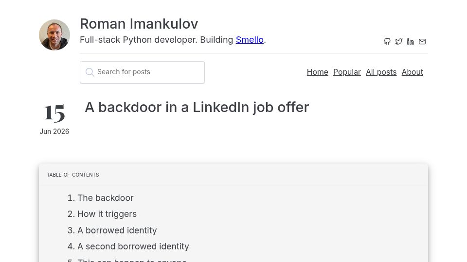 Screenshot of roman.pt: A backdoor in a LinkedIn job offer