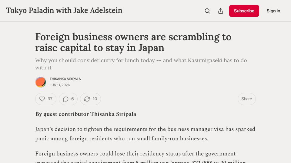 Screenshot of tokyopaladin.substack.com: Foreign business owners are scrambling to raise capital to stay in Japan