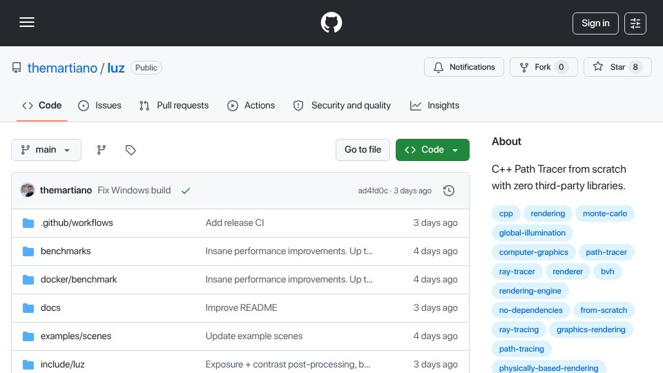 Screenshot of github.com: Show HN: I wrote a C++ ray tracer from scratch without AI