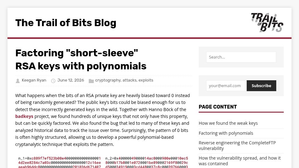Screenshot of blog.trailofbits.com: Factoring "short-sleeve" RSA keys with polynomials