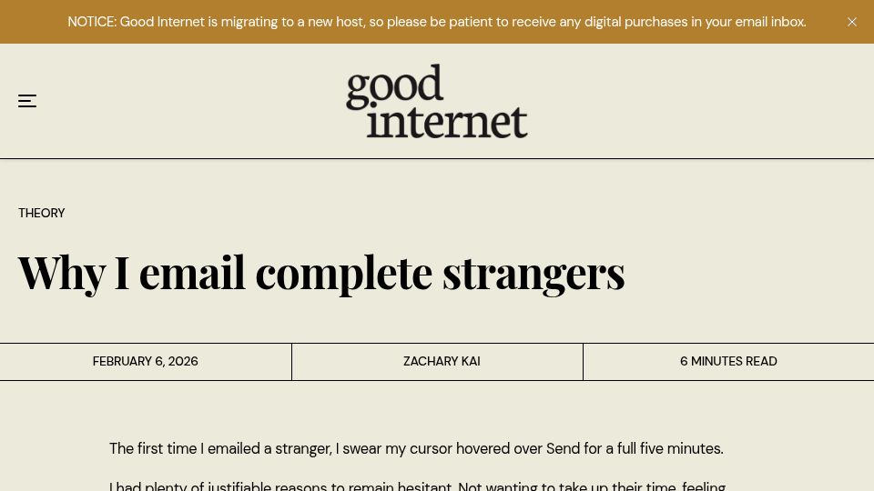 Screenshot of goodinternetmagazine.com: Why I email complete strangers