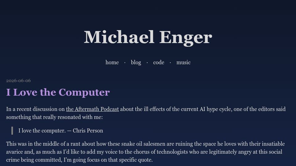 Screenshot of michaelenger.com: I Love the Computer