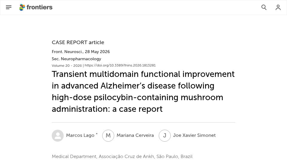 Screenshot of frontiersin.org: Improvement in advanced Alzheimer’s disease following high-dose psilocybin