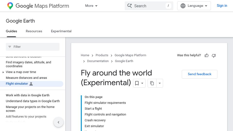Screenshot of developers.google.com: Google Flight Simulator