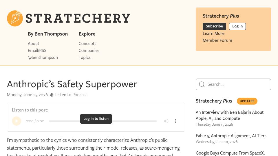 Screenshot of stratechery.com: Anthropic's Safety Superpower