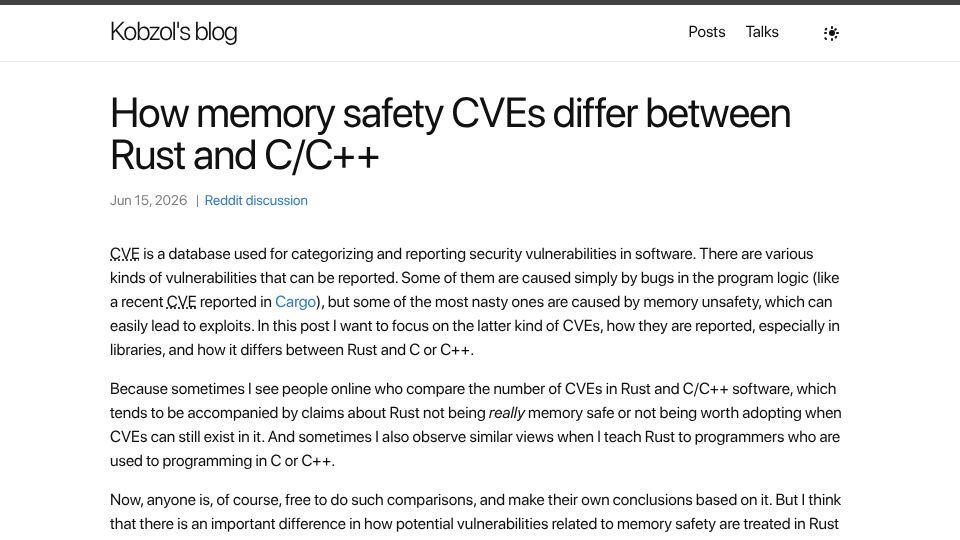 Screenshot of kobzol.github.io: How memory safety CVEs differ between Rust and C/C++