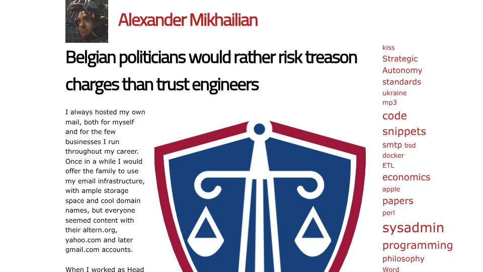 Screenshot of mikhailian.mova.org: Belgian politicians would rather risk treason charges than trust engineers