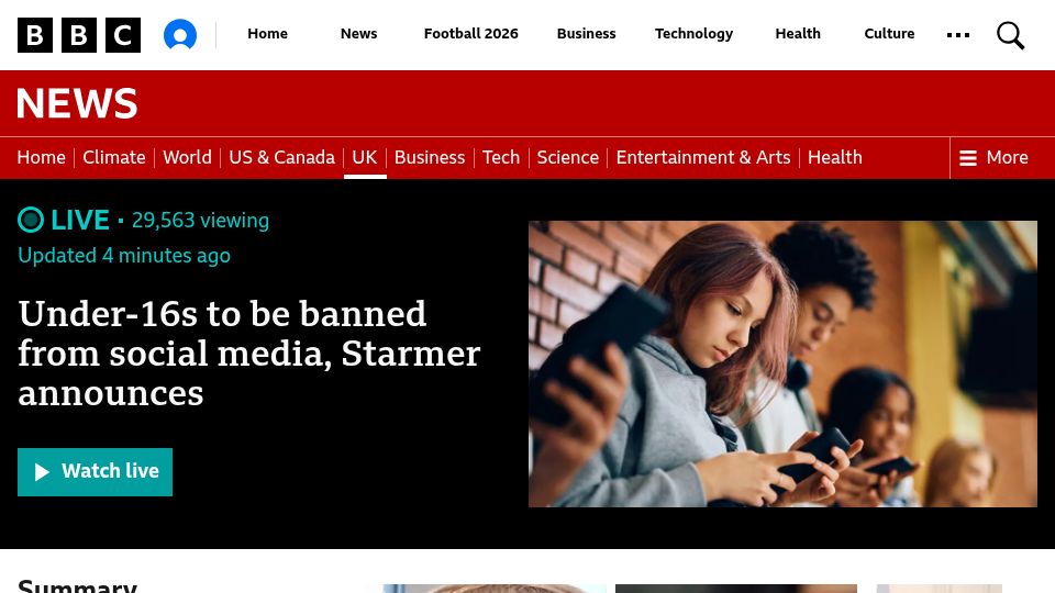 Screenshot of bbc.co.uk: Under-16s to be banned from social media, Starmer announces