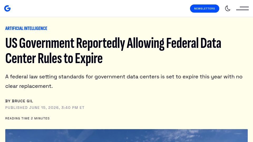 Screenshot of gizmodo.com: US Government Reportedly Allowing Federal Data Center Rules to Expire