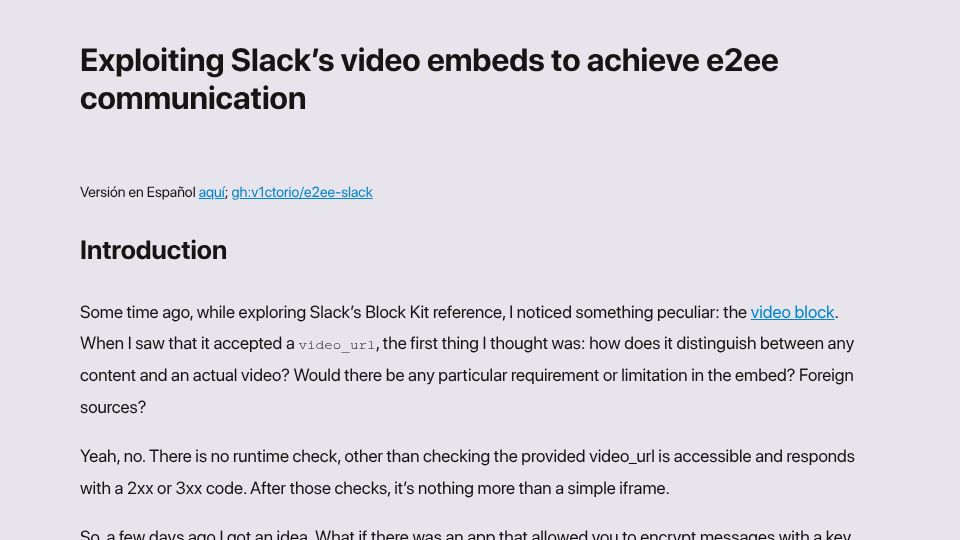 Screenshot of v1c.rocks: Show HN: Exploiting Slack's video embeds to achieve E2EE communication