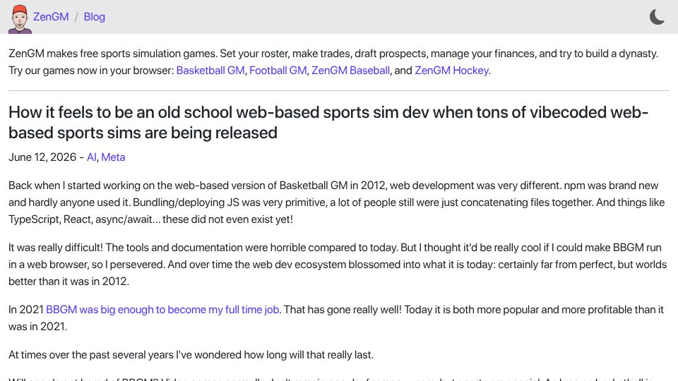 Screenshot of zengm.com: Being an old school web-based sports sim dev in the era of vibe coded games