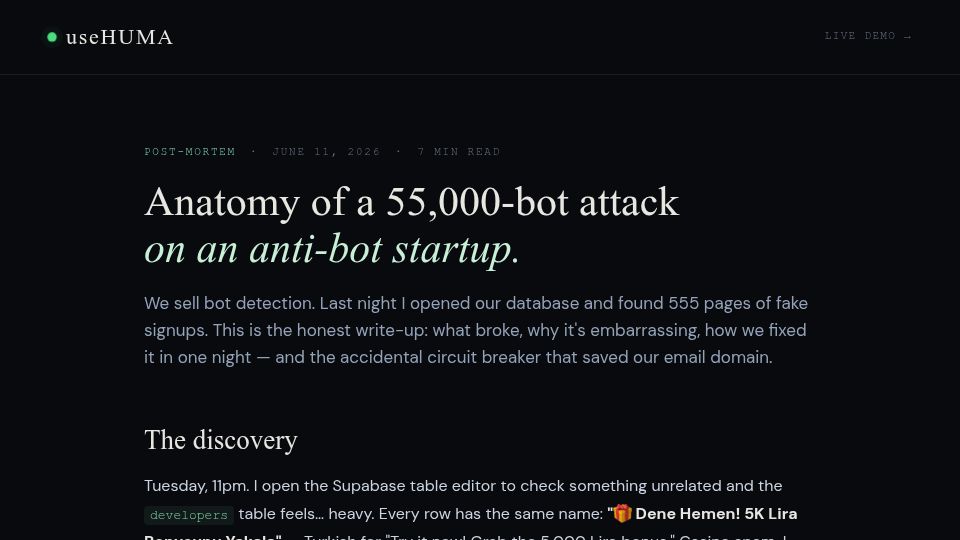 Screenshot of humaverify.com: Bots flooded my anti-bot startup with 55,000 fake signups