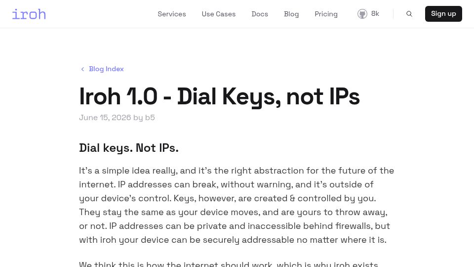 Screenshot of iroh.computer: Iroh 1.0