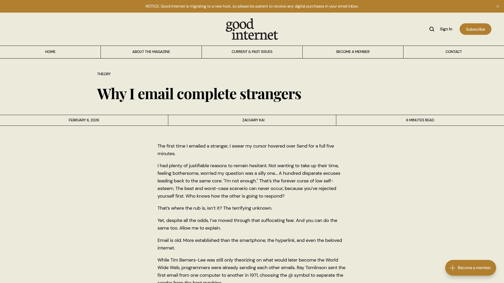 Screenshot of goodinternetmagazine.com: Why I email complete strangers