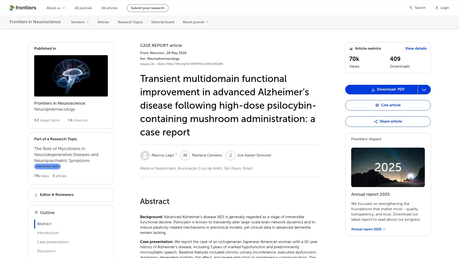 Screenshot of frontiersin.org: Improvement in advanced Alzheimer’s disease following high-dose psilocybin