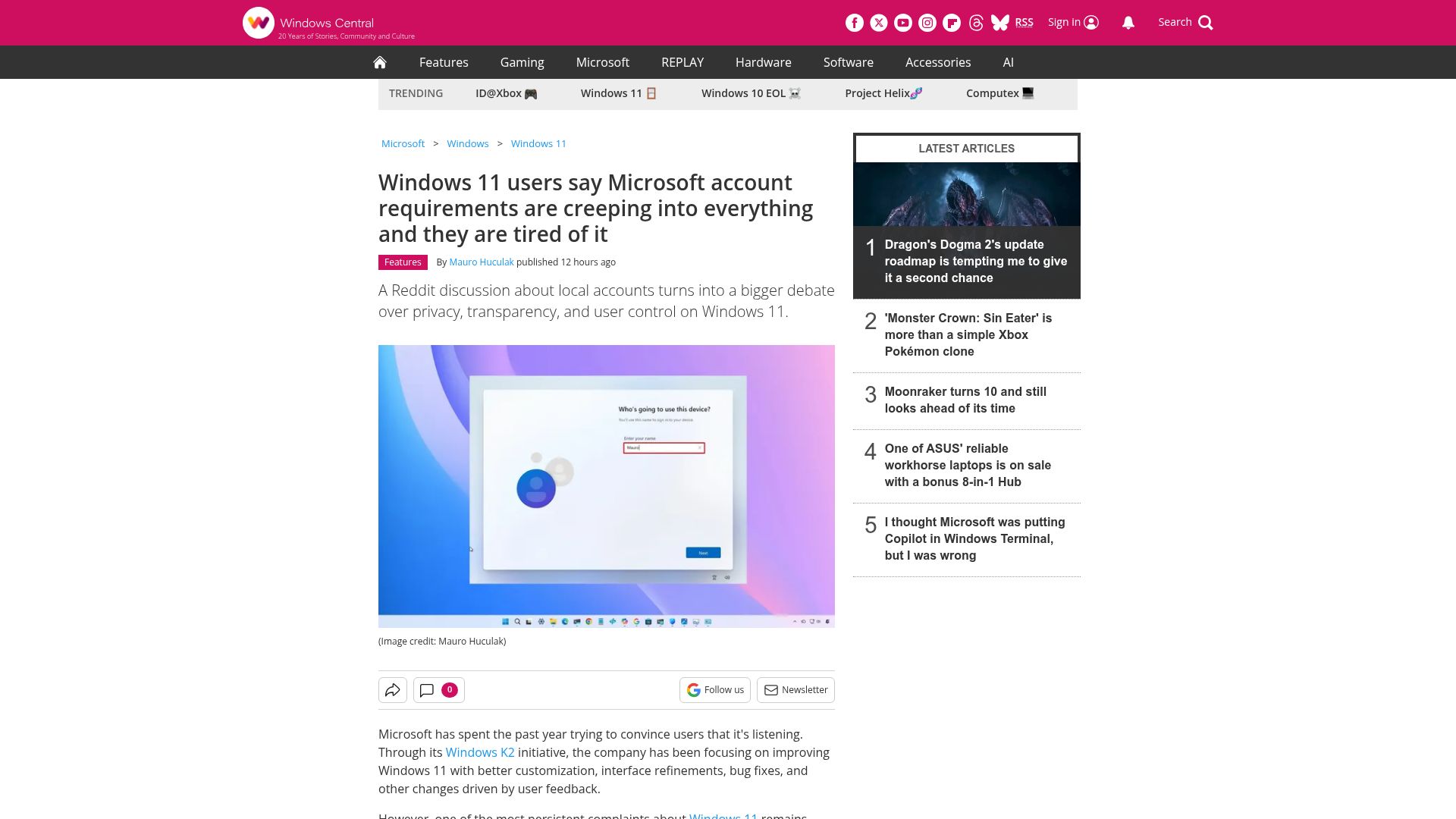 Screenshot of windowscentral.com: Windows 11 users are tired of MS account requirements creeping into everything