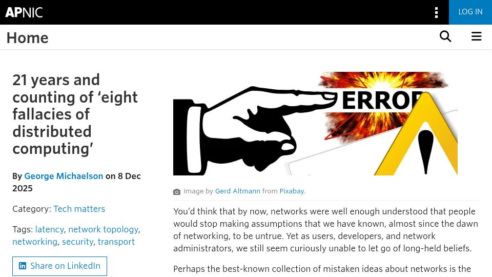 Screenshot of blog.apnic.net: 21 years and counting of 'eight fallacies of distributed computing' (2025)