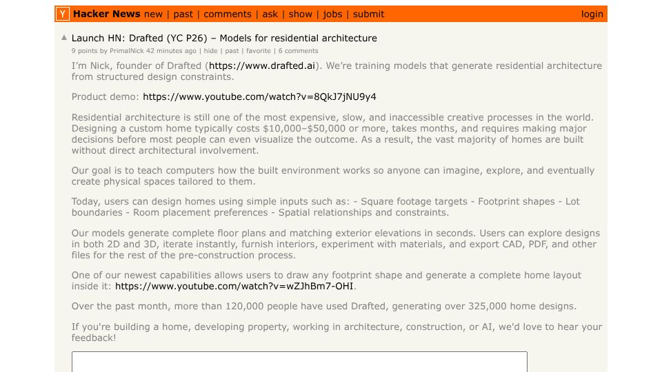 Screenshot of Hacker News post: Launch HN: Drafted (YC P26) – Models for residential architecture