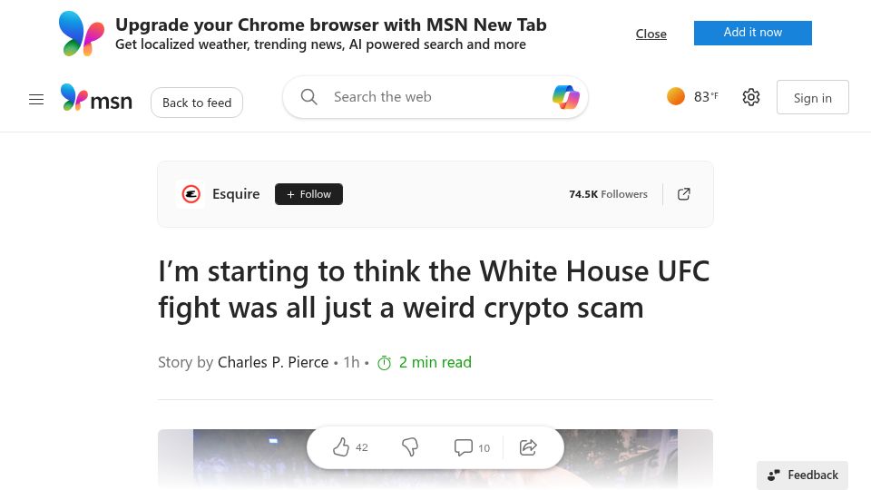 Screenshot of msn.com: I'm starting to think the White House UFC fight was all just a weird crypto scam