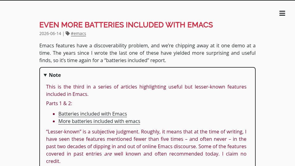 Screenshot of karthinks.com: Even more batteries included with Emacs