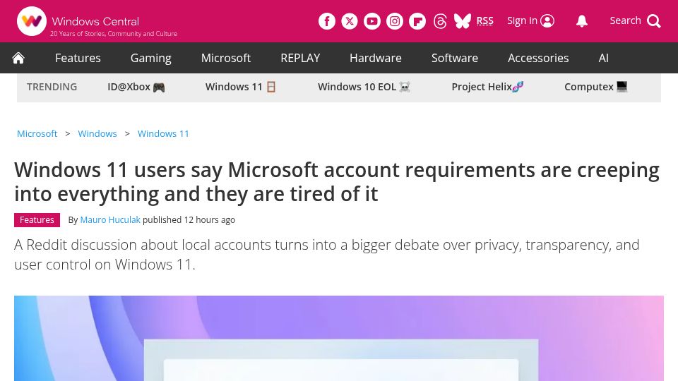 Screenshot of windowscentral.com: Windows 11 users are tired of MS account requirements creeping into everything